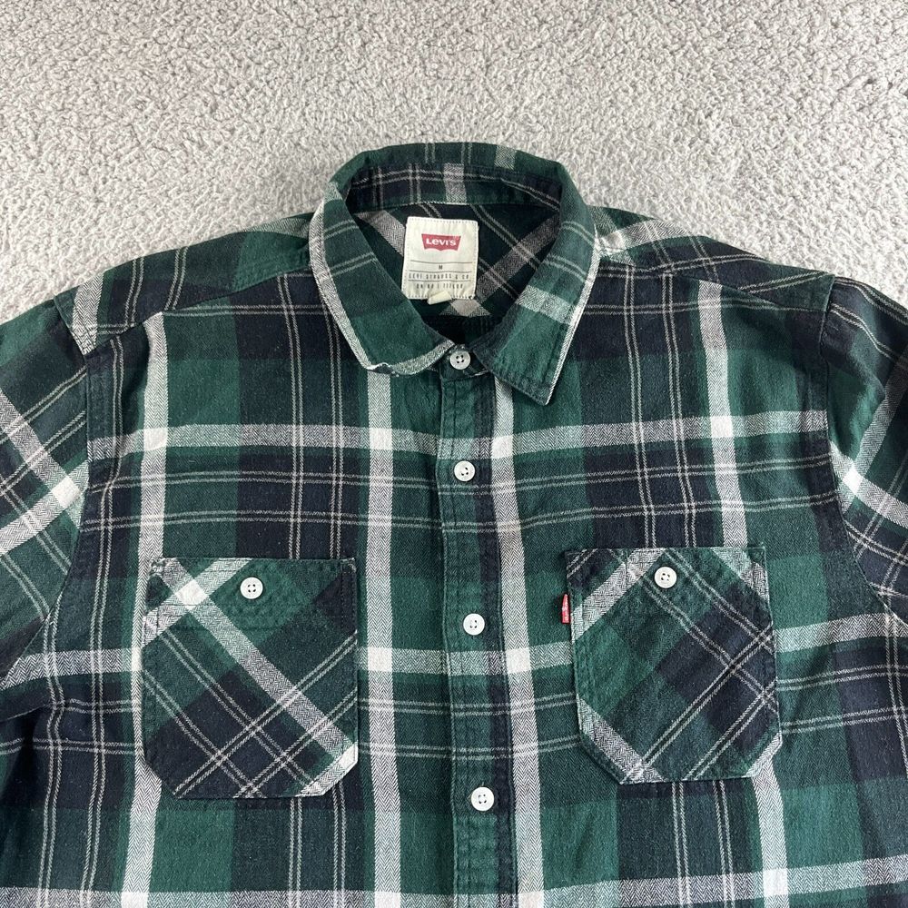 Levi's Shirt Mens Medium Green White Plaid‎ Flannel Button Up Outdoors Casual